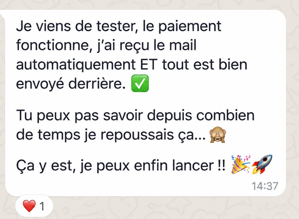 Message reçu : « J’ai eu ma première inscription avec le nouveau système. Et pour une fois je n’ai envoyé aucun lien manuellement, aucun mail, RIEN. Tout s’est fait tout seul. »