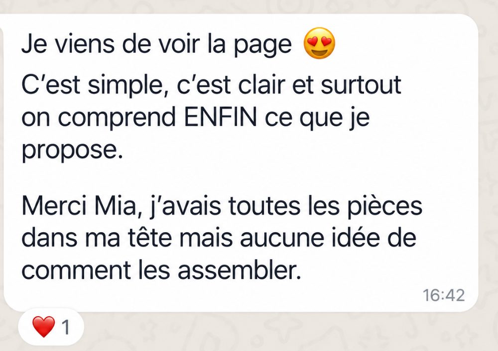 Message reçu : « Je viens de voir la page. C’est simple, c’est clair et surtout on comprend ENFIN ce que je propose. J’avais toutes les pièces dans ma tête mais aucune idée de comment les assembler. »