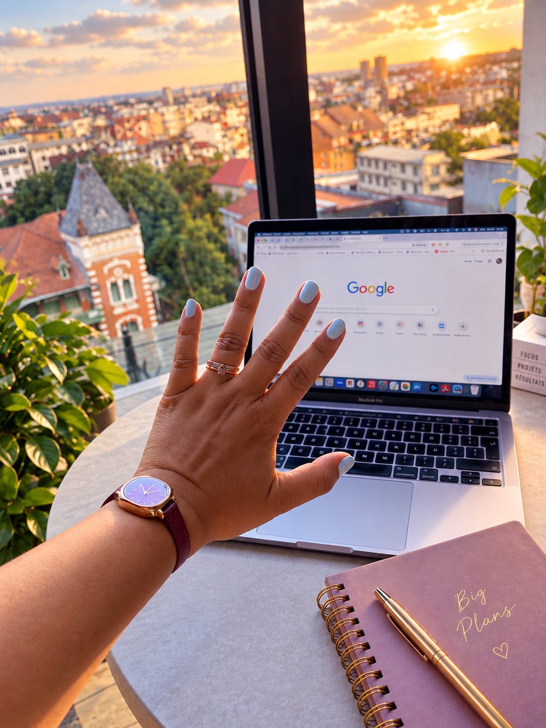 Main de Mia devant un MacBook au coucher du soleil, au-dessus des toits d’Antananarivo