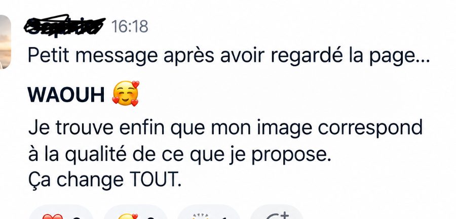 Message reçu : « Petit message après avoir regardé la page… WAOUH. Je trouve enfin que mon image correspond à la qualité de ce que je propose. Ça change TOUT. »