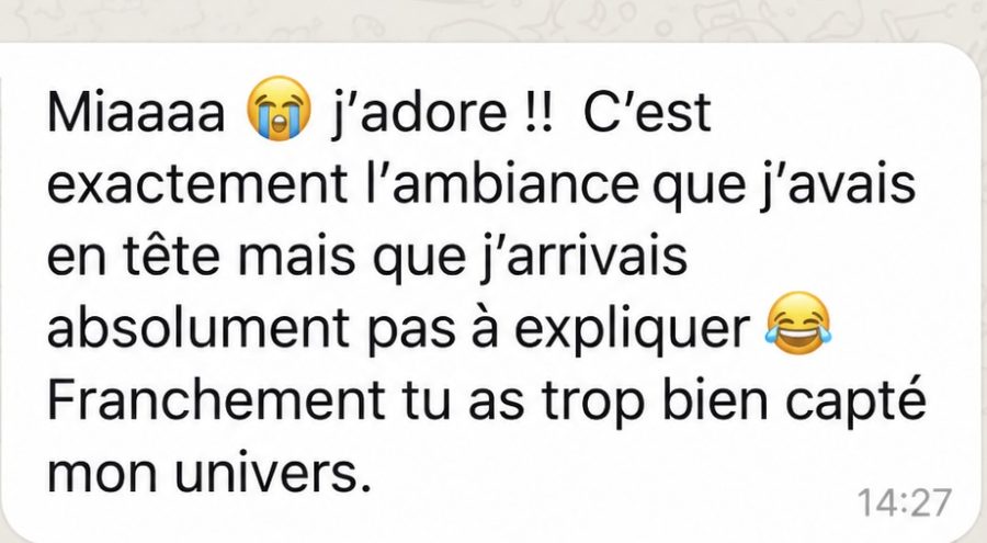 Message reçu : « C’est exactement l’ambiance que j’avais en tête mais que j’arrivais absolument pas à expliquer. Franchement tu as trop bien capté mon univers. »